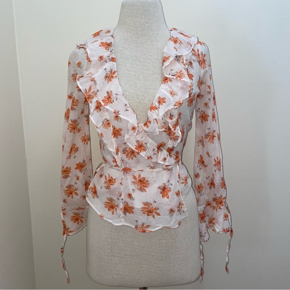 Free People NWT Floral Romantic Cottage Core Orange/White Ruffle Wrap Top XS/S - Picture 2 of 16